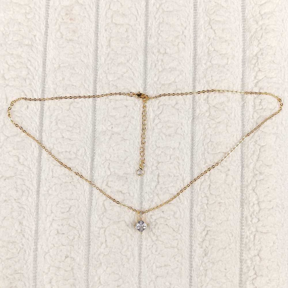 Dainty 14K Gold Plated Necklace With CZ Princess Cut Pendant